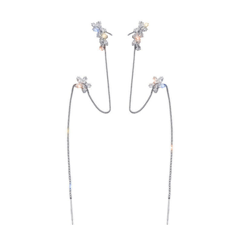 Ins Zircon Long One-piece Tassel Earrings Female Cold Style Flower Stud Earrings Ear Clip-Jewearrings