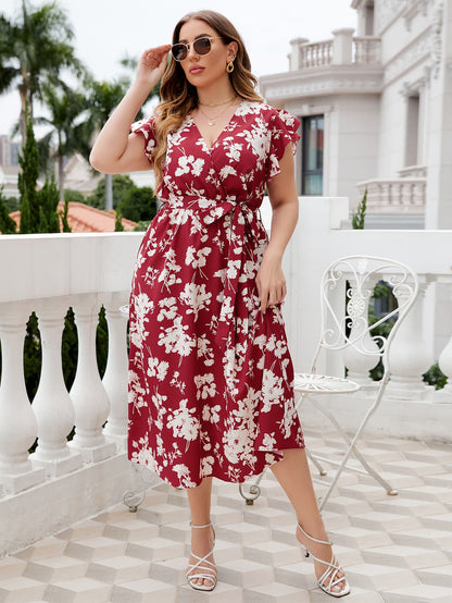 Plus Size Floral Tie Waist Surplice Neck Midi Dress-Jewearrings