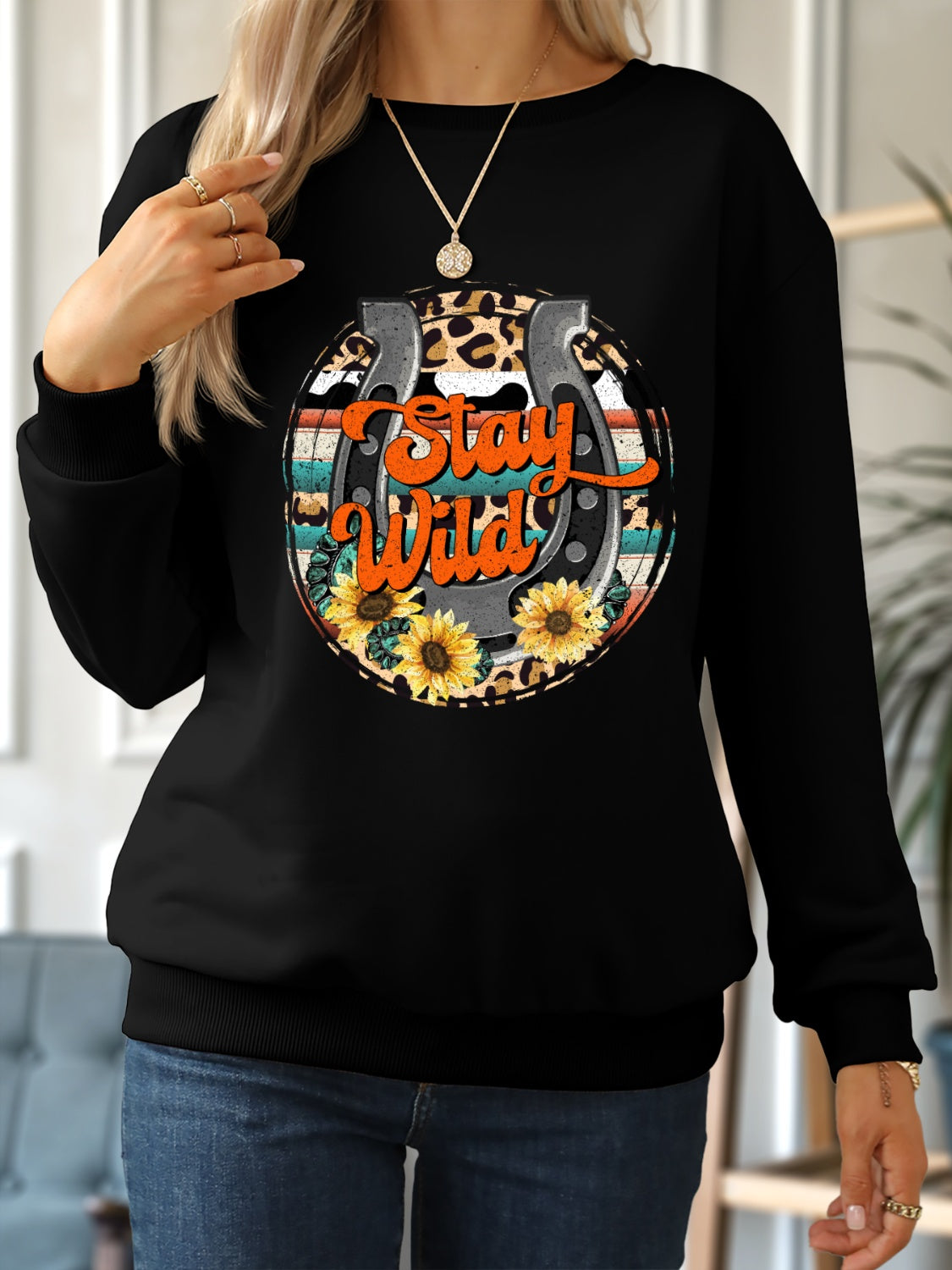 STAY WILD Round Neck Dropped Shoulder Sweatshirt-Jewearrings