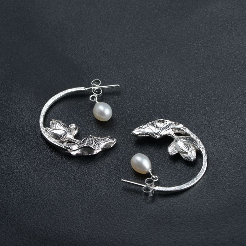 S925 Silver Brushed Lotus Pearl Earrings-Jewearrings