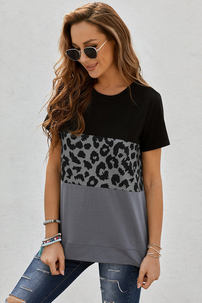 Leopard Print Color Block Short Sleeve T-Shirt-Jewearrings