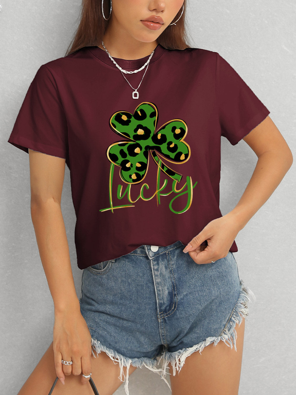 Lucky Clover Round Neck Short Sleeve T-Shirt-Jewearrings