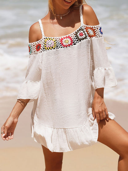 Crochet Cold Shoulder Three-Quarter Sleeve Cover Up-Jewearrings