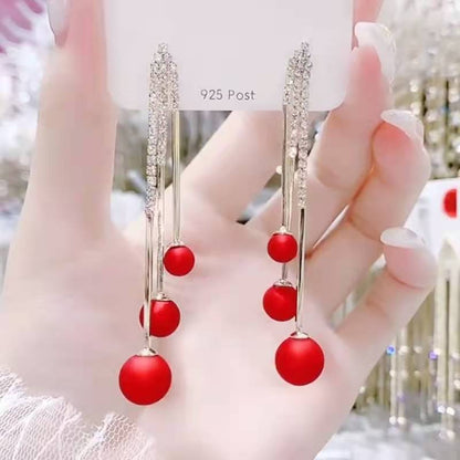 Silver Needle Red Pearl Tassel Drop Earrings-Jewearrings