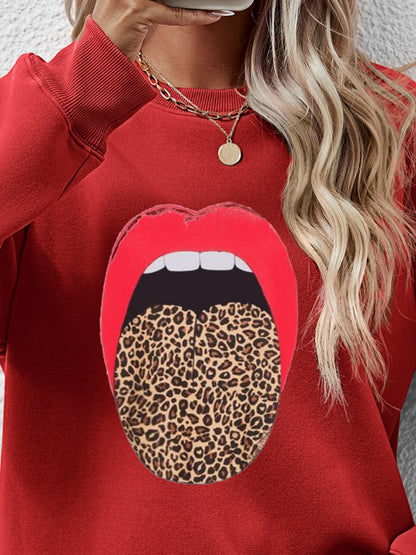 Leopard Lip Graphic Round Neck Sweatshirt-Jewearrings