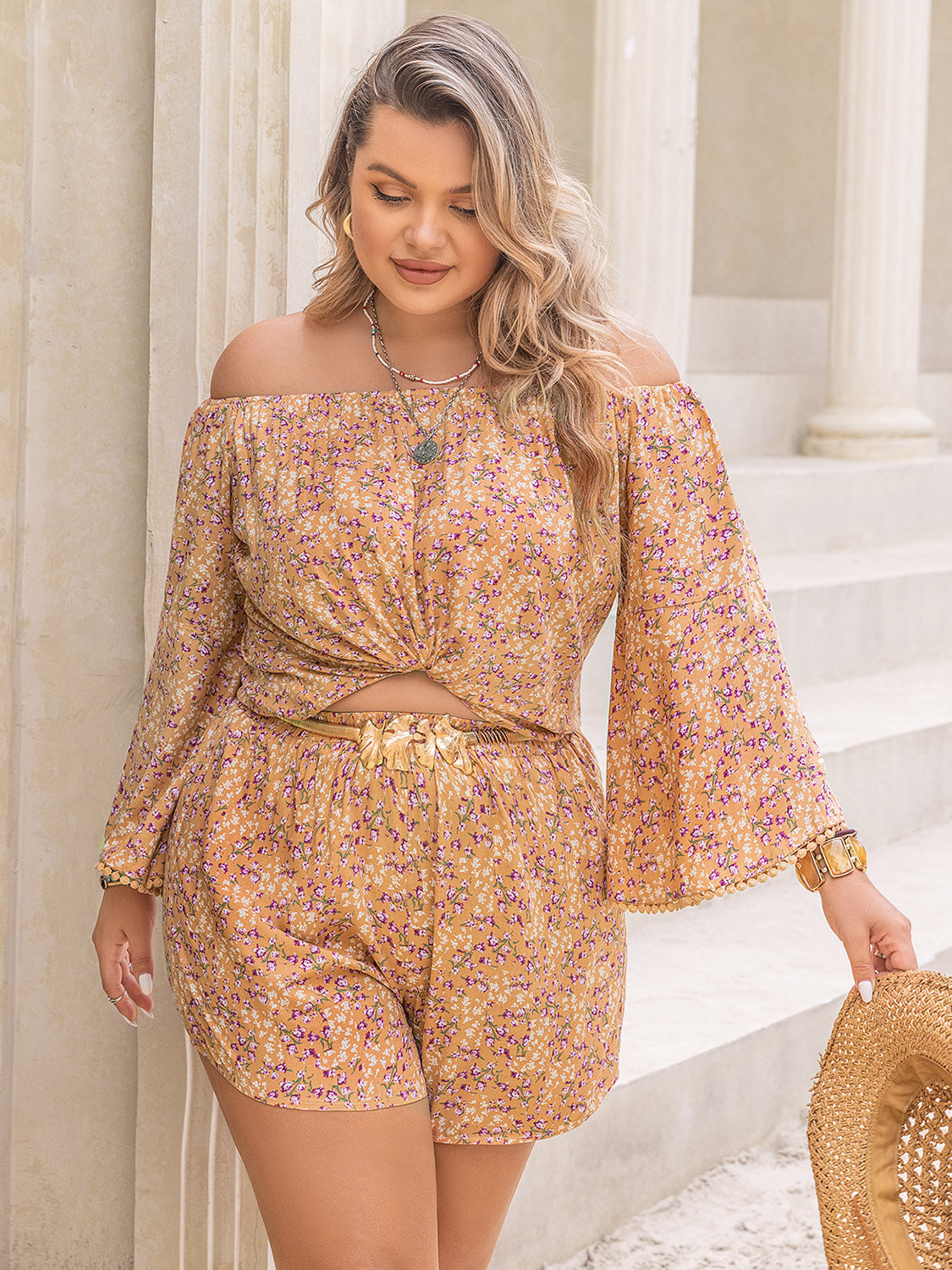 Plus Size Printed Off-Shoulder Top and Shorts Set-Jewearrings