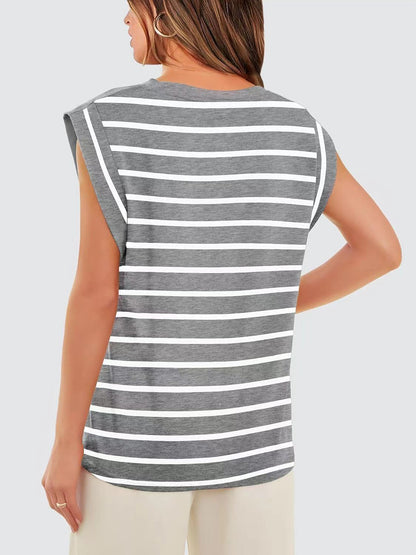 Striped Round Neck Cap Sleeve T-Shirt-Jewearrings