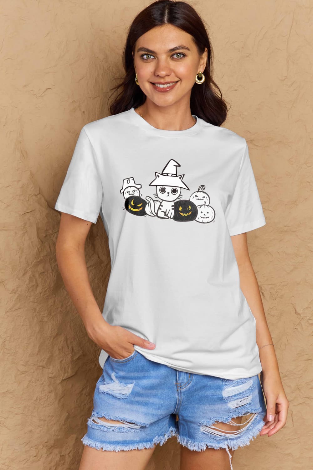 Simply Love Full Size Cat & Pumpkin Graphic Cotton T-Shirt-Jewearrings