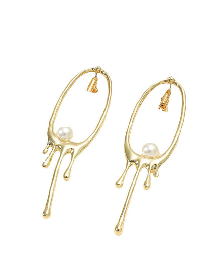 Oval Irregular Metal Lava Pearl Long Earrings-Jewearrings