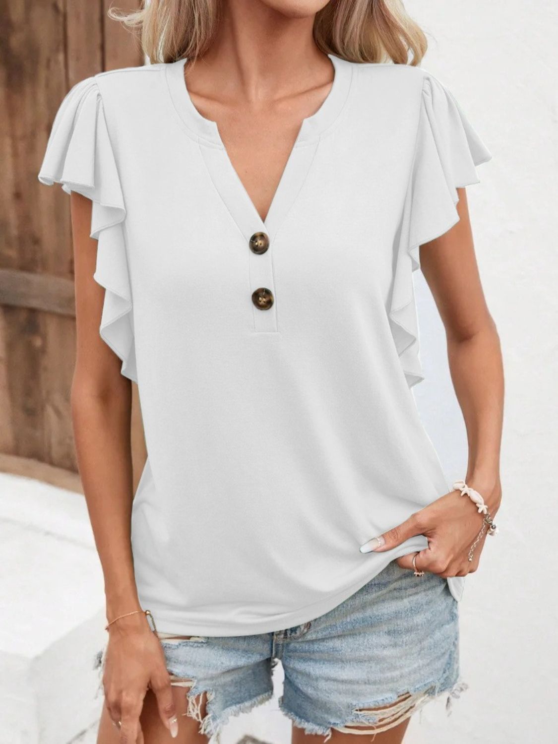 Full Size Ruffled Notched Cap Sleeve T-Shirt-Jewearrings