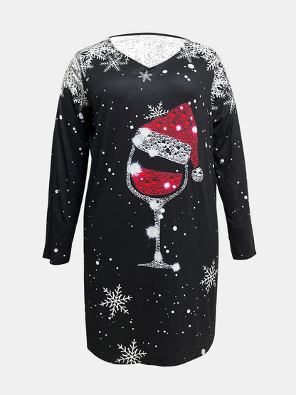 Plus Size Printed Long Sleeve Tee Dress-Jewearrings