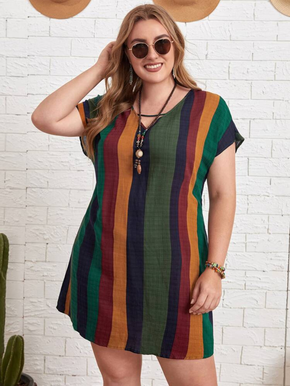 Plus Size Striped Short Sleeve Mini Dress-Jewearrings