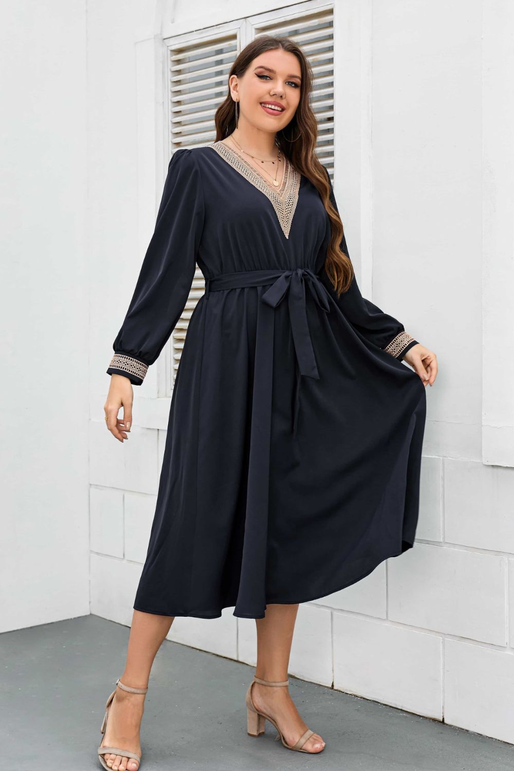 Melo Apparel Plus Size Contrast Tie Waist Midi Dress-Jewearrings