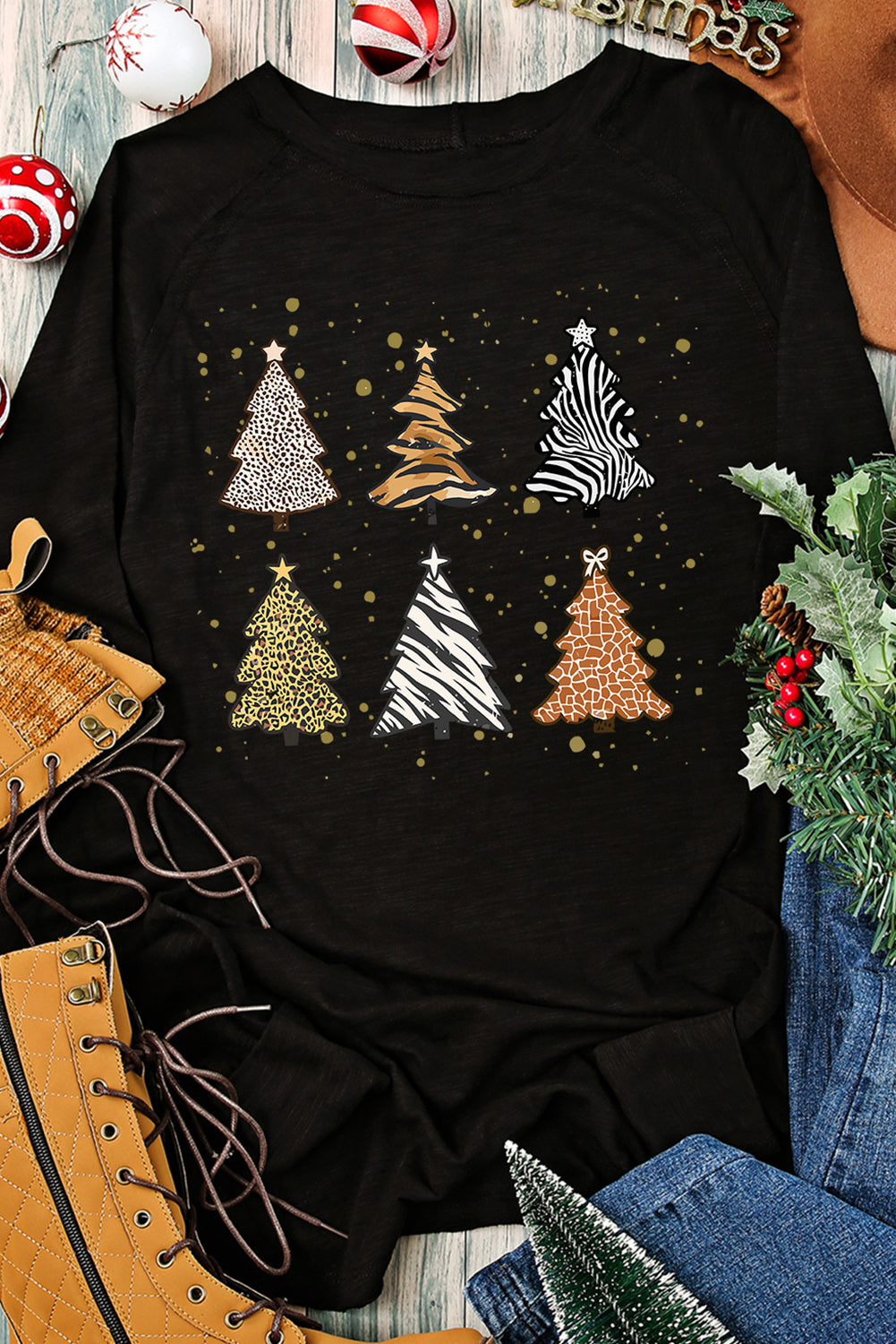 Christmas Tree Graphic Round Neck Long Sleeve T-Shirt-Jewearrings