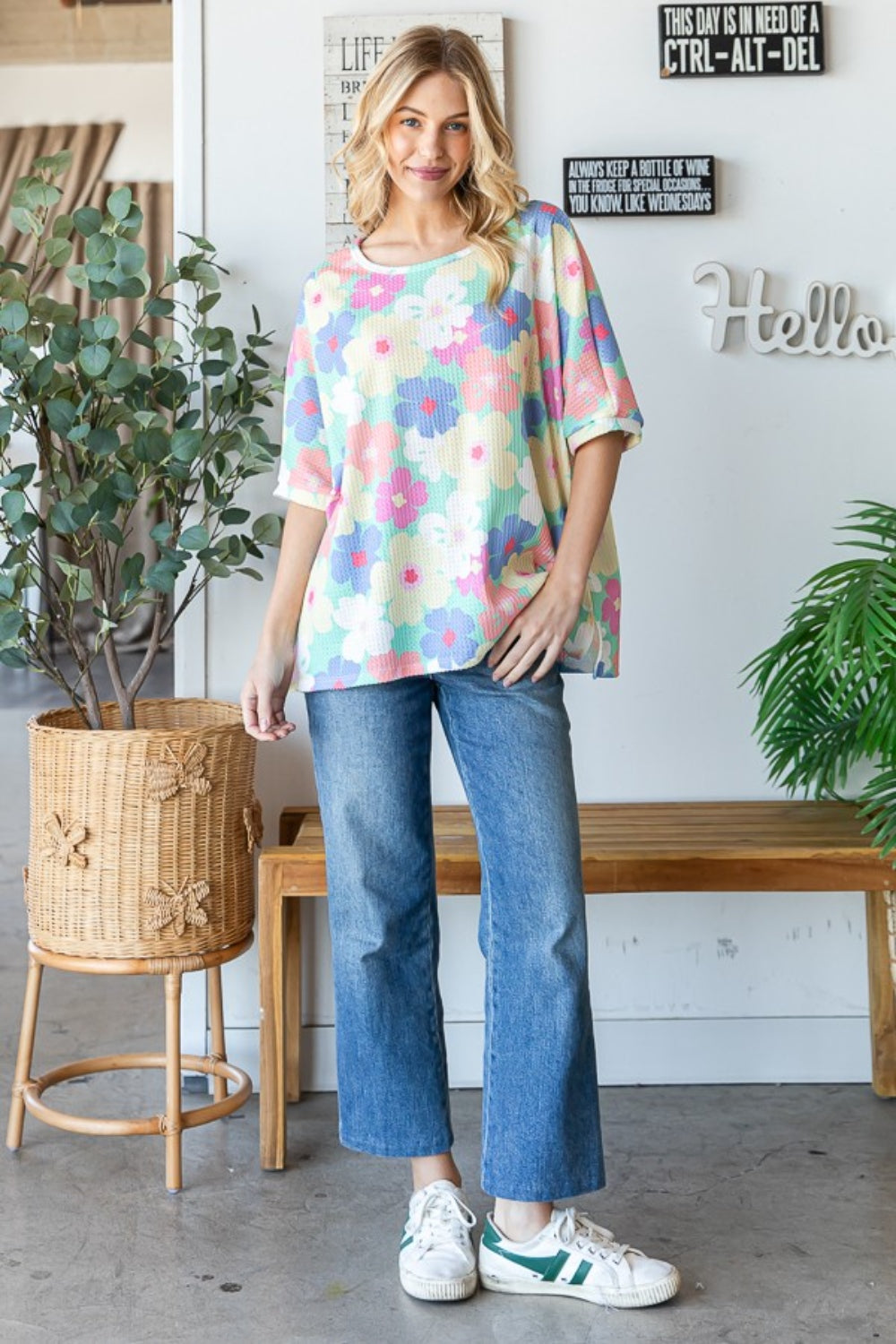 HOPELY Floral Waffle Oversized T-Shirt-Jewearrings