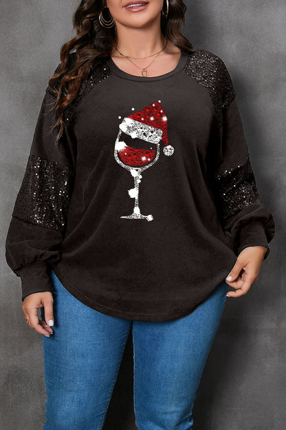 Plus Size Graphic Sequin Long Sleeve Round Neck T-Shirt-Jewearrings