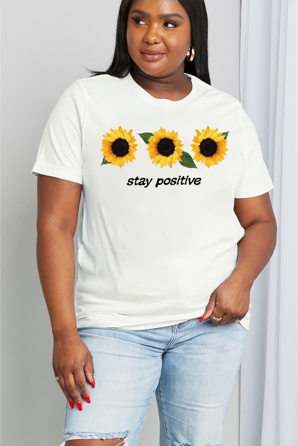 Simply Love Full Size STAY POSITIVE Sunflower Graphic Cotton Tee-Jewearrings