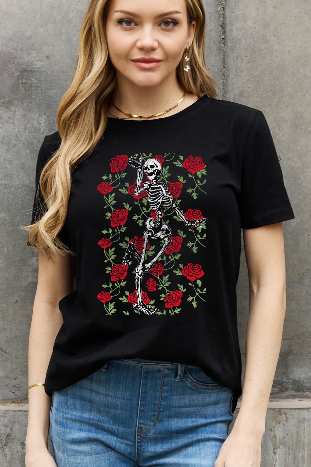 Simply Love Full Size Skeleton & Rose Graphic Cotton Tee-Jewearrings