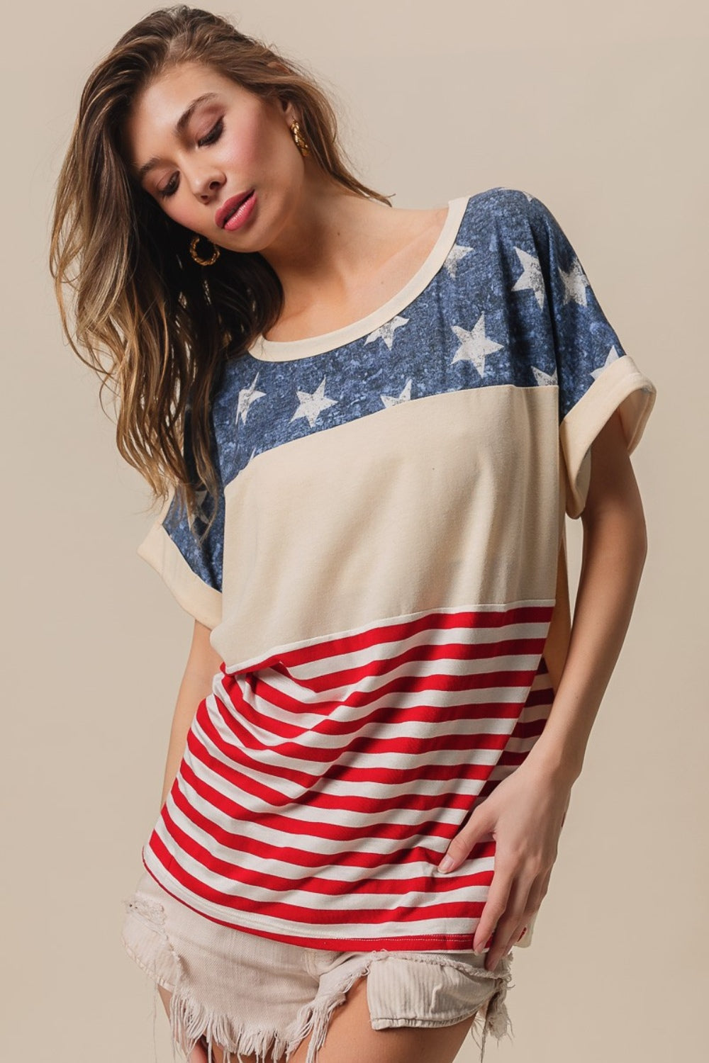 BiBi American Flag Theme Short Sleeve T-Shirt-Jewearrings