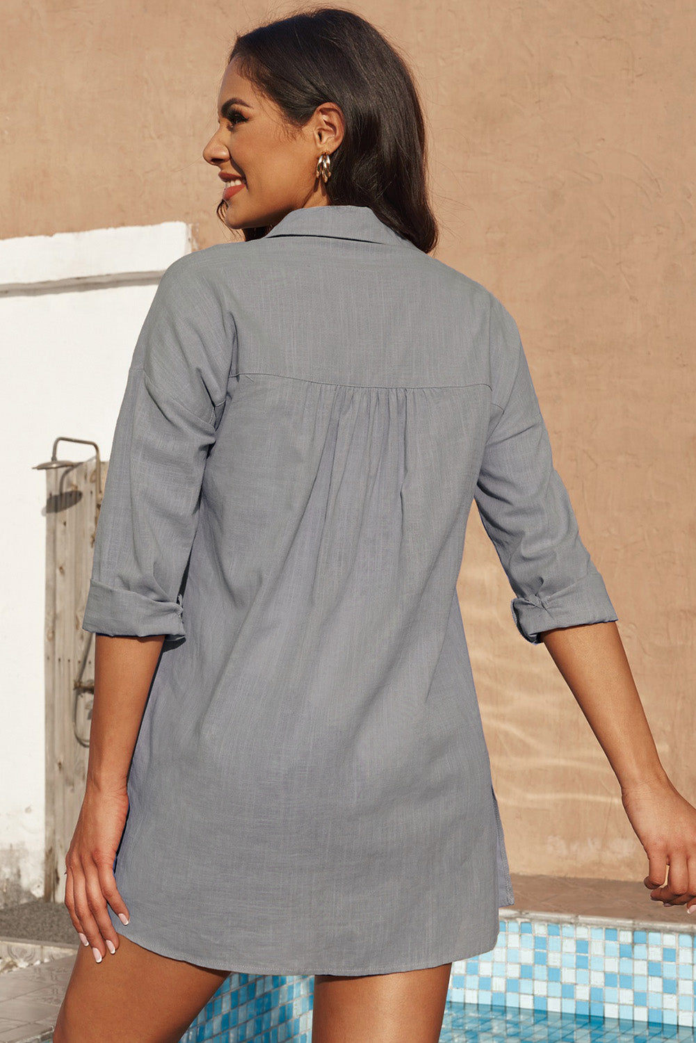 Button-Up Longline Shirt with Breast Pockets-Jewearrings