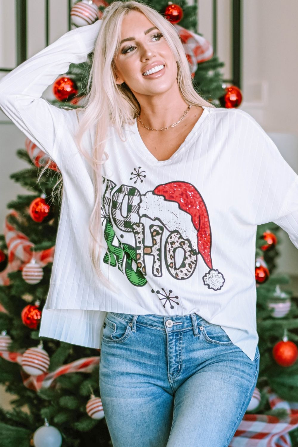 V-Neck Christmas Graphic High-Low Design Long Sleeve Top-Jewearrings