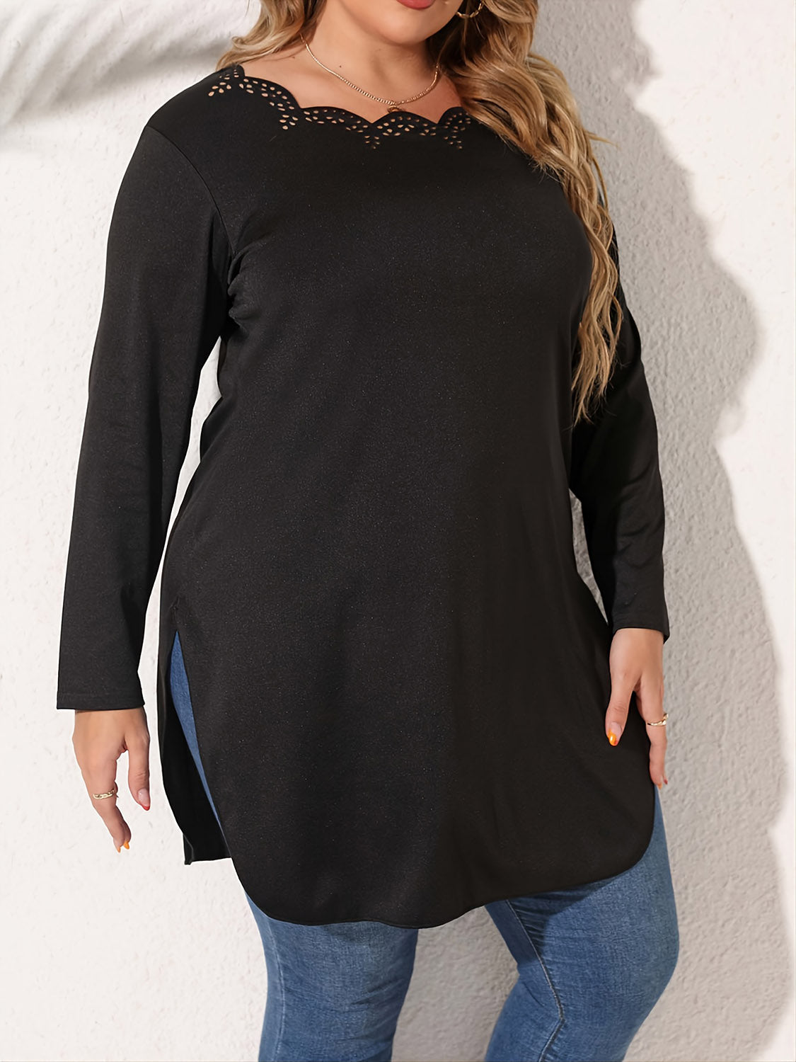 Plus Size Slit Long Sleeve T-Shirt-Jewearrings