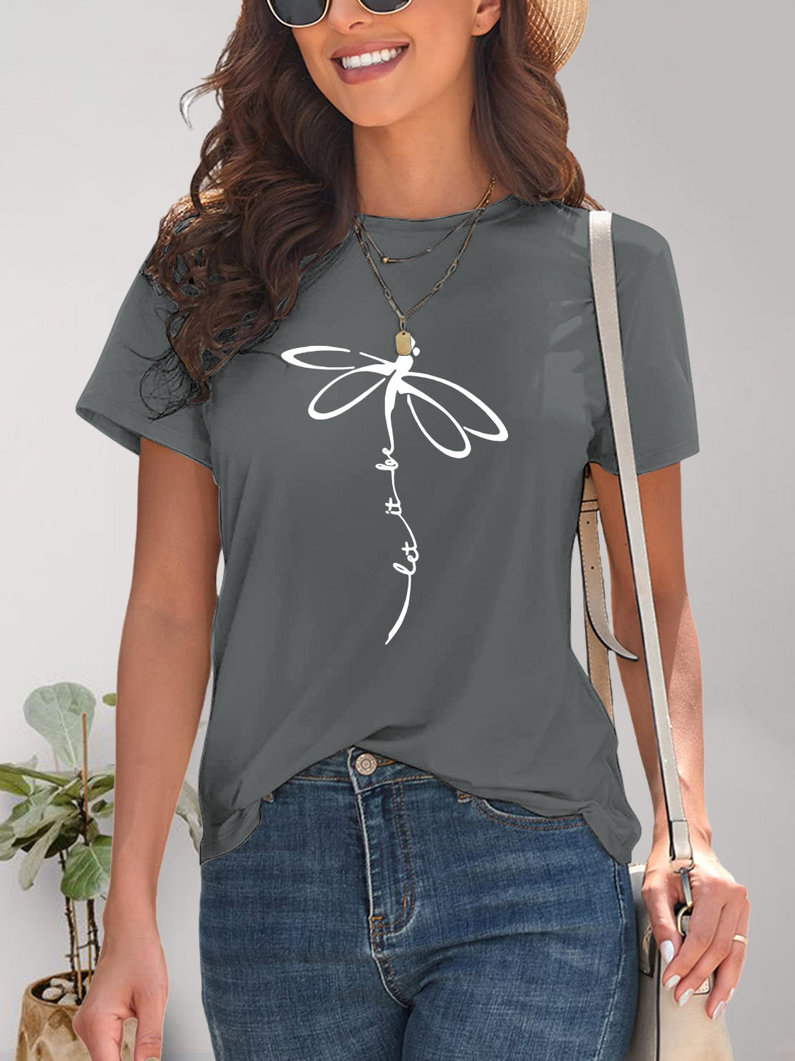 Dragonfly Graphic Round Neck Short Sleeve T-Shirt-Jewearrings