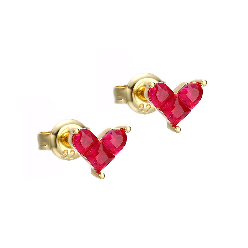 Women's Sterling Silver Gold Plated Red Corundum Stitching Heart Stud Earrings-Jewearrings