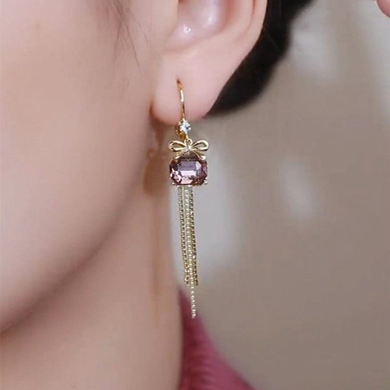 Niche Design Amethyst Bow Knot Tassel Earrings-Jewearrings