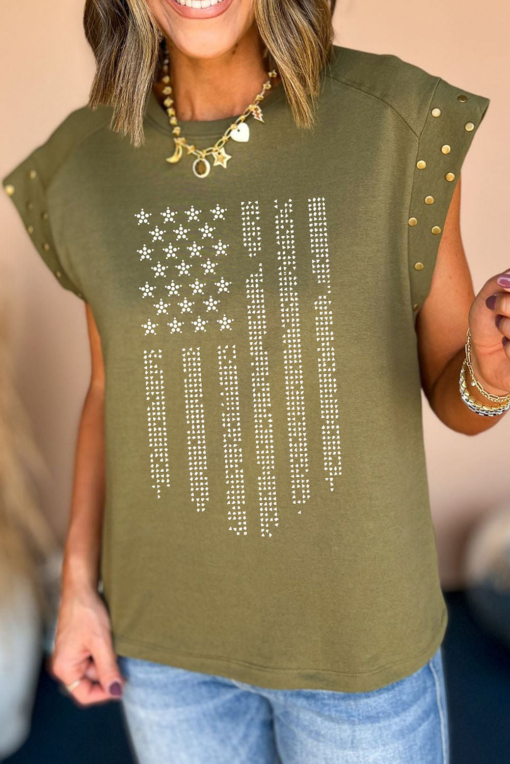 Rhinestone US Flag Round Neck Cap Sleeve T-Shirt-Jewearrings