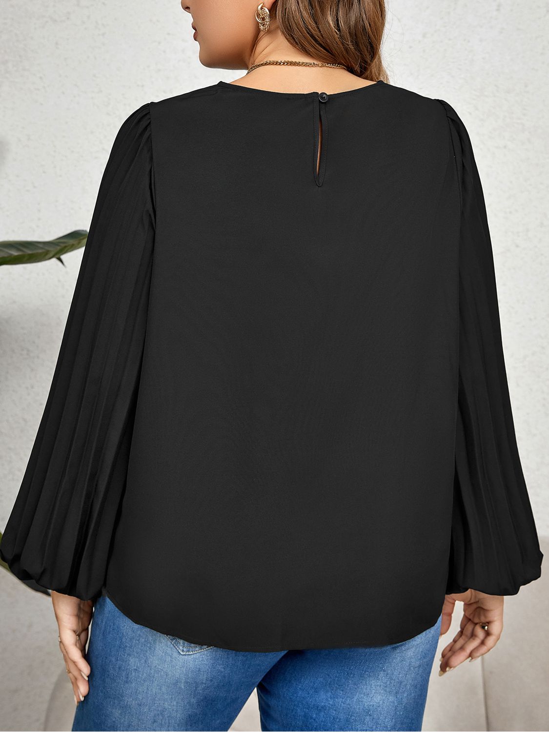 Plus Size Round Neck Puff Sleeve Blouse-Jewearrings