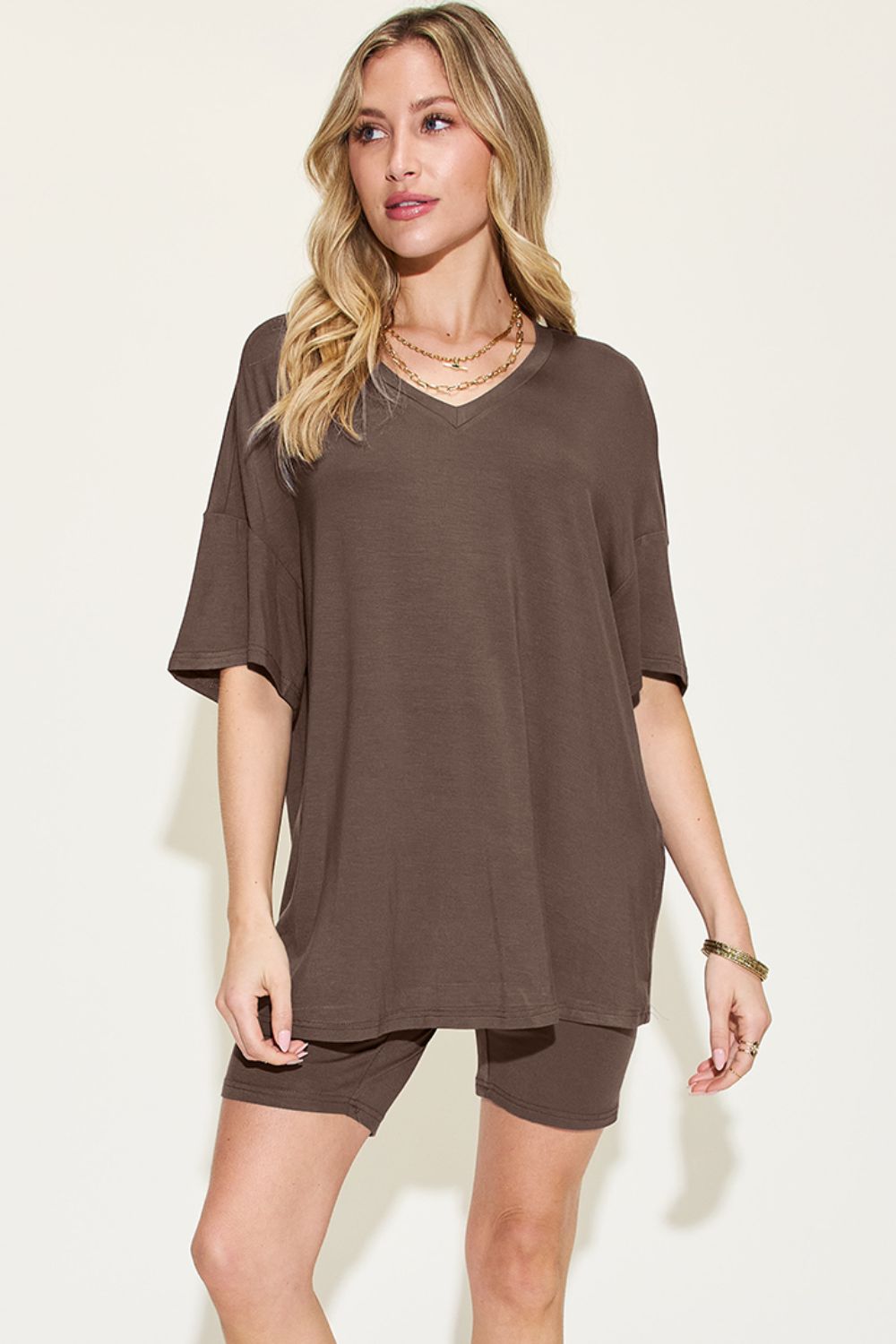 Basic Bae Full Size V-Neck Drop Shoulder T-Shirt and Shorts Set-Jewearrings