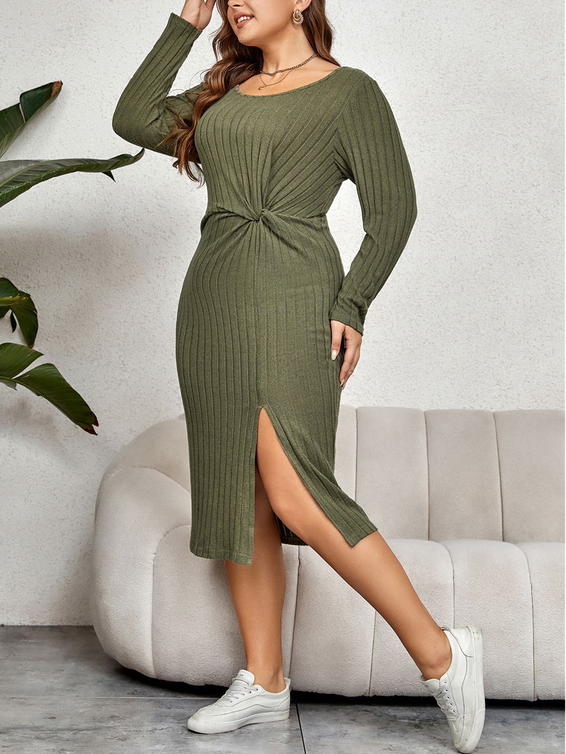 Plus Size Ribbed Round Neck Twisted Slit Midi Dress-Jewearrings