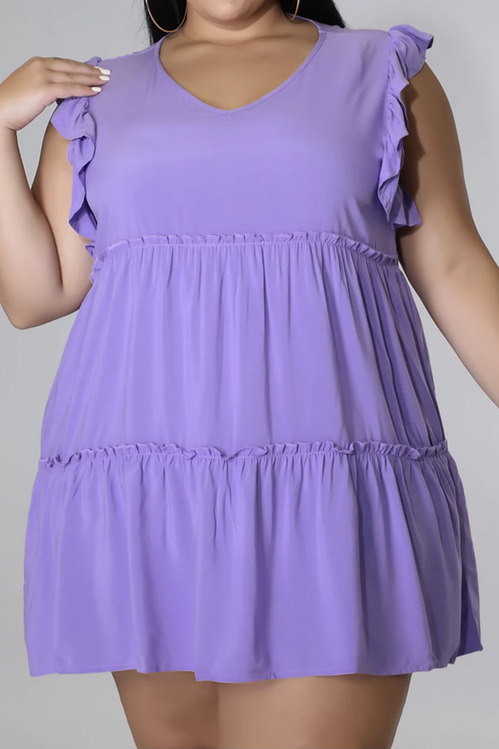 Plus Size V-Neck Frill Trim Mini Dress-Jewearrings