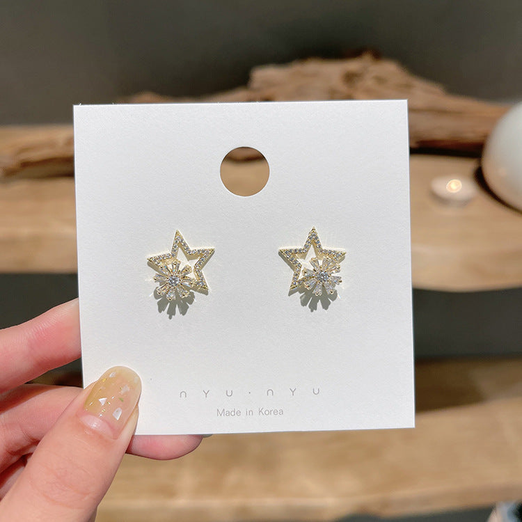 Silver Needle Rotatable Pentagram Stud Earrings Korean Temperament Light Luxury-Jewearrings