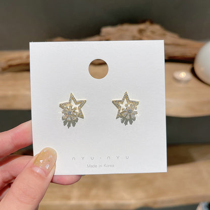 Silver Needle Rotatable Pentagram Stud Earrings Korean Temperament Light Luxury-Jewearrings