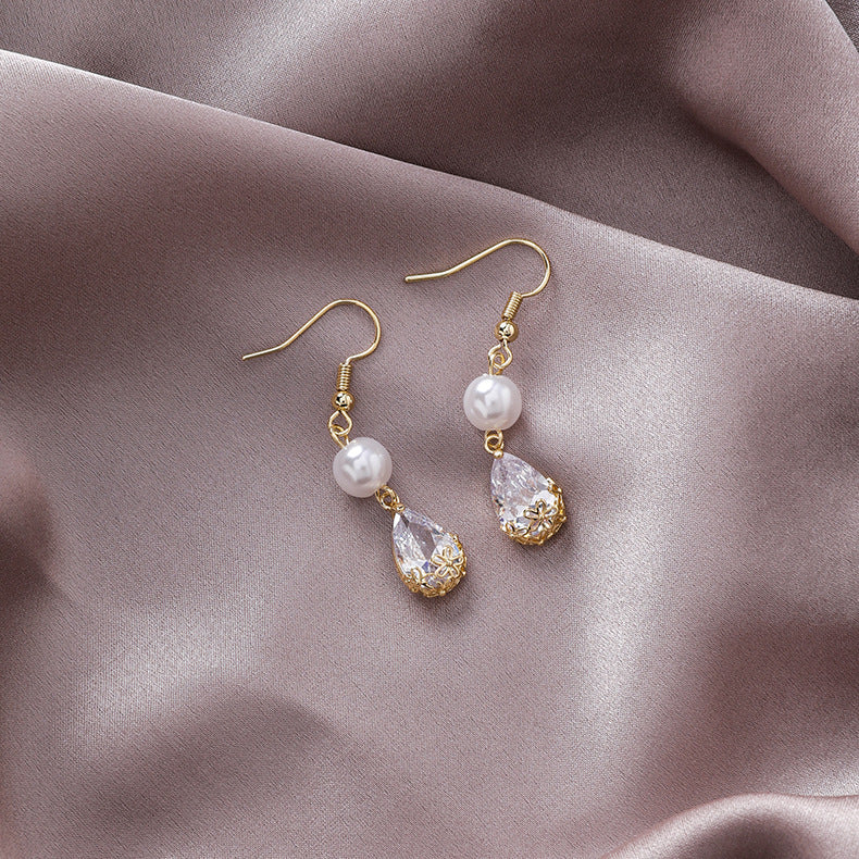 Simple Retro Cropped Pearl Zircon Drop Earrings-Jewearrings