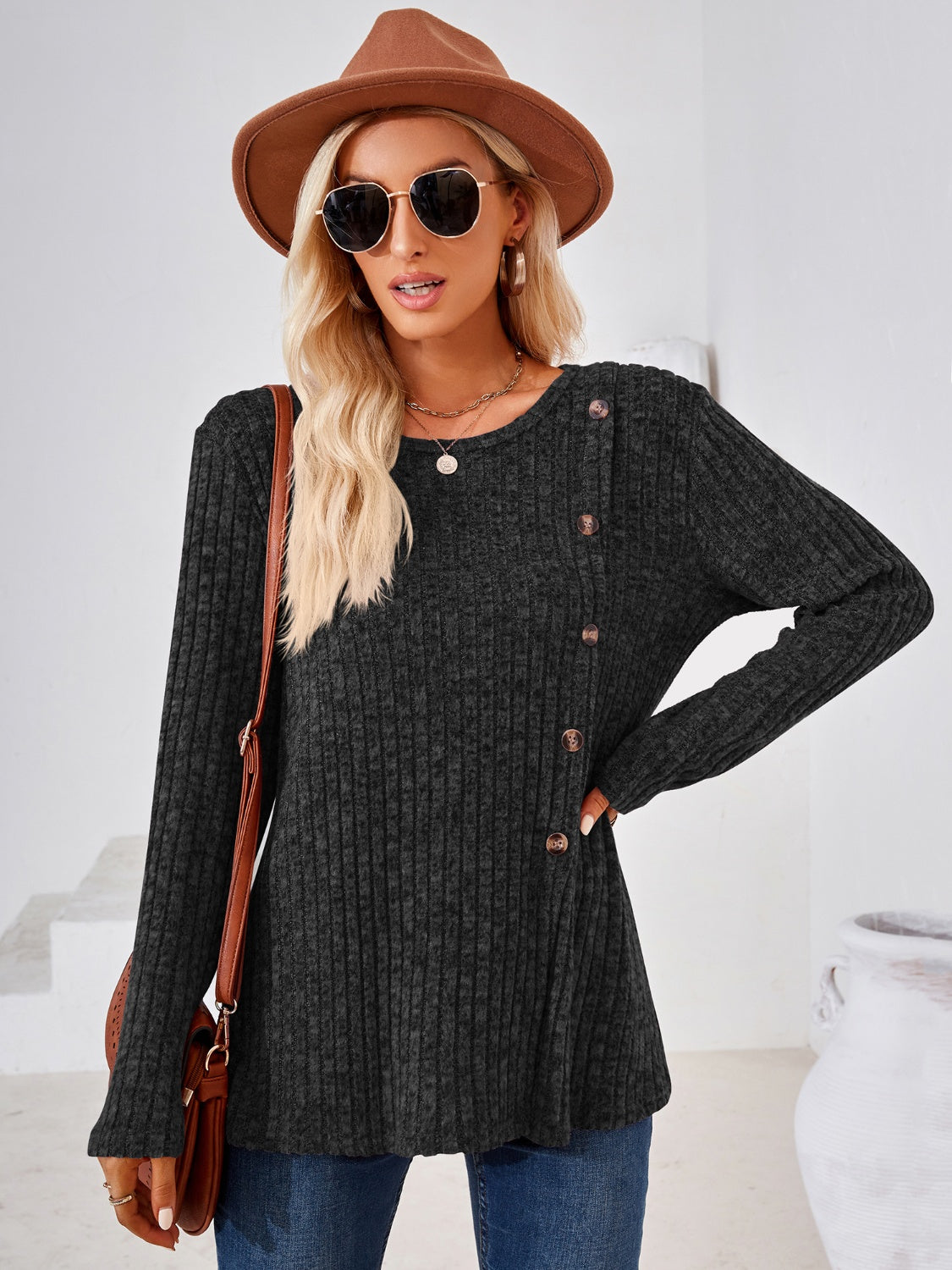 Ribbed Buttoned Round Neck Slit T-Shirt-Jewearrings