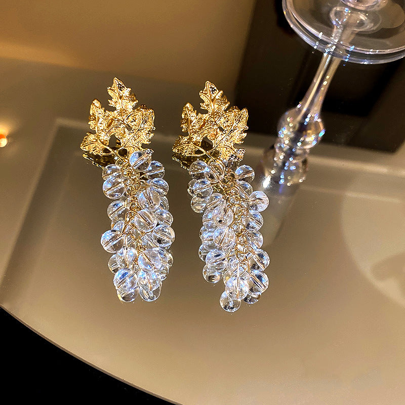 925 Silver Needle Korean Fashion Leaf Crystal Grape Stud Earrings-Jewearrings