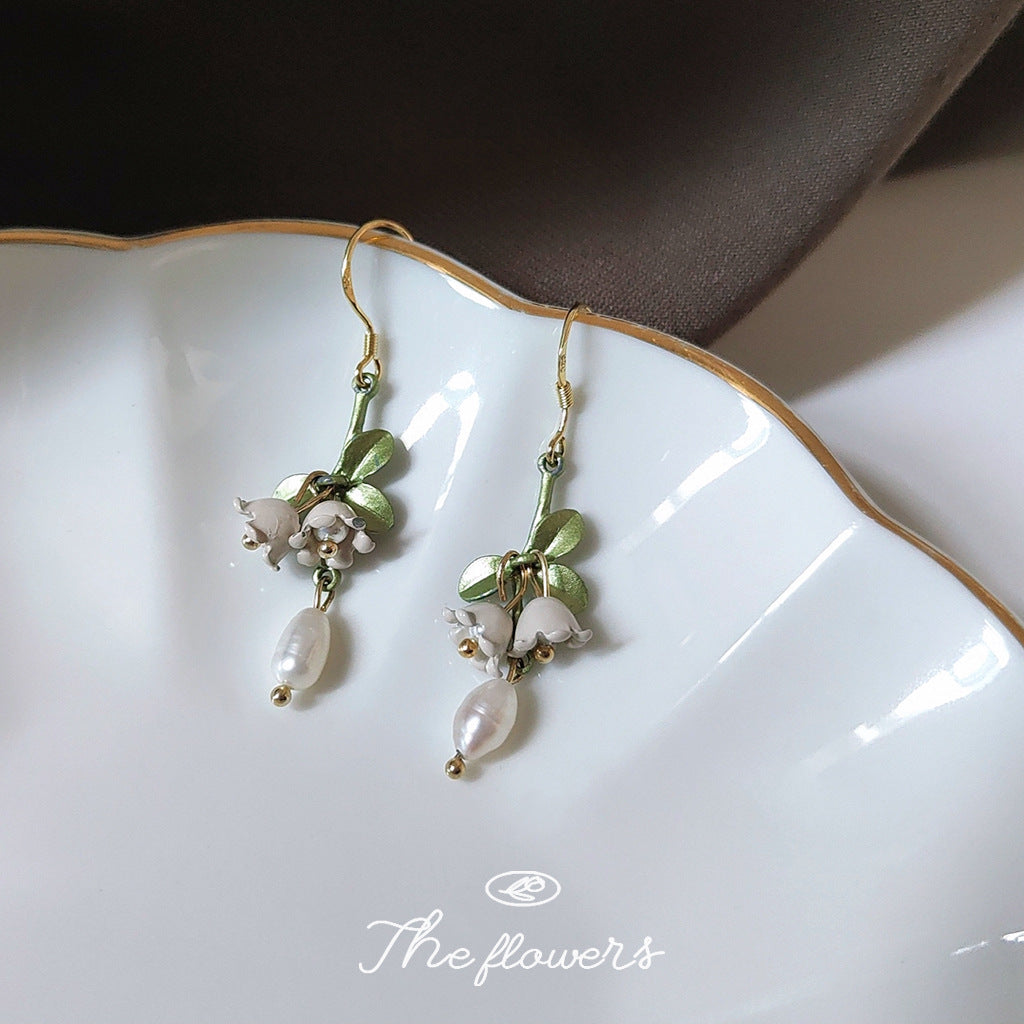 Lily Freshwater Pearl 925 Silver Needle Handmade Earrings Paint Green Tassel-Jewearrings