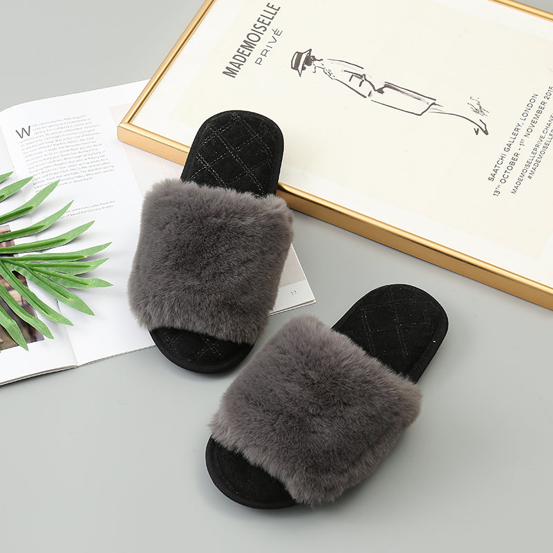 Faux Fur Open Toe Slippers-Jewearrings