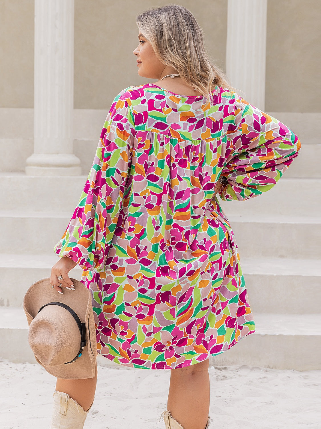 Plus Size Printed V-Neck Balloon Sleeve Mini Dress-Jewearrings