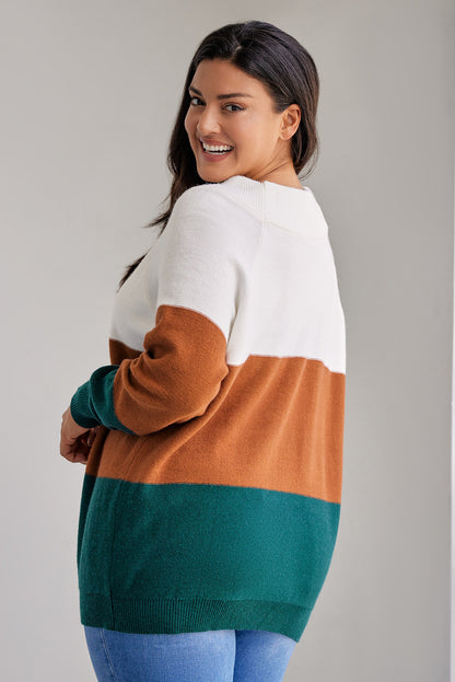 Plus Size Color Block Long Sleeve Sweater-Jewearrings