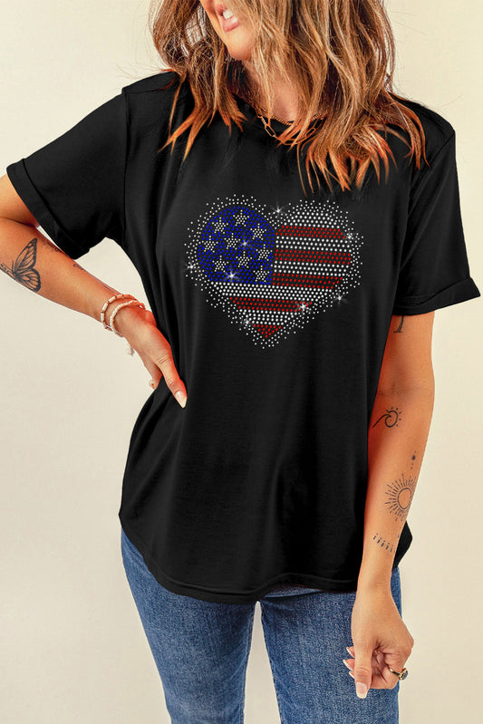 Rhinestone Heart Round Neck Short Sleeve T-Shirt-Jewearrings