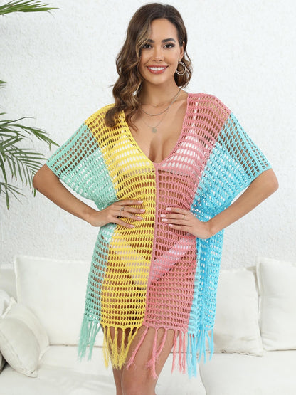 Fringe Color Block Scoop Neck Cover Up-Jewearrings