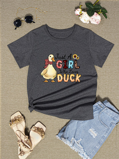 JUST A GIRL WHO LOVES DUCK Round Neck T-Shirt-Jewearrings