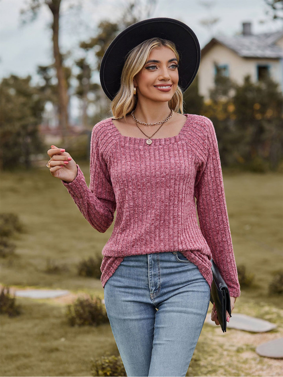 Full Size Ribbed Square Neck Long Sleeve T-Shirt-Jewearrings