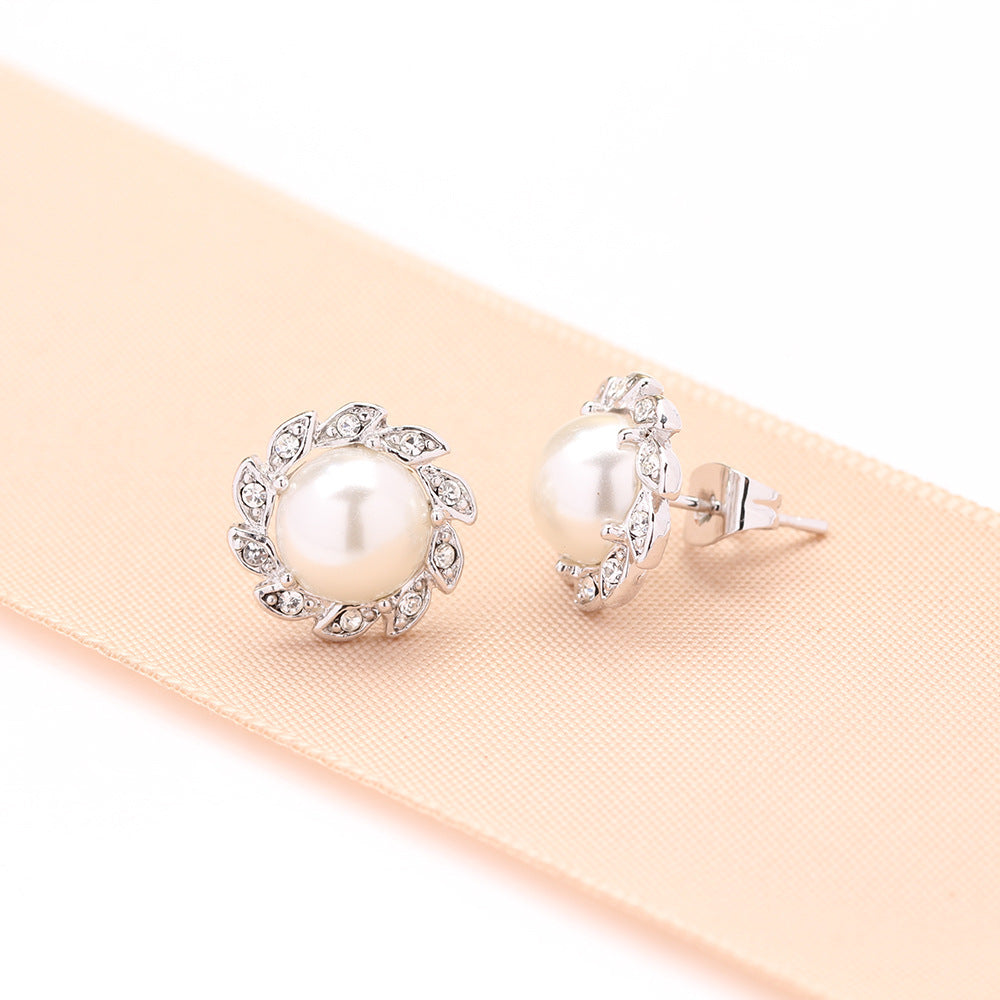 Simple Refined Rhinestone Artificial Pearl Earrings-Jewearrings