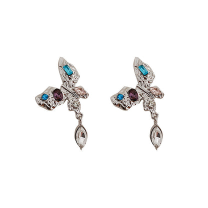 Silver Needle Crystal Butterfly Earrings Korean Design Small And Exquisite-Jewearrings