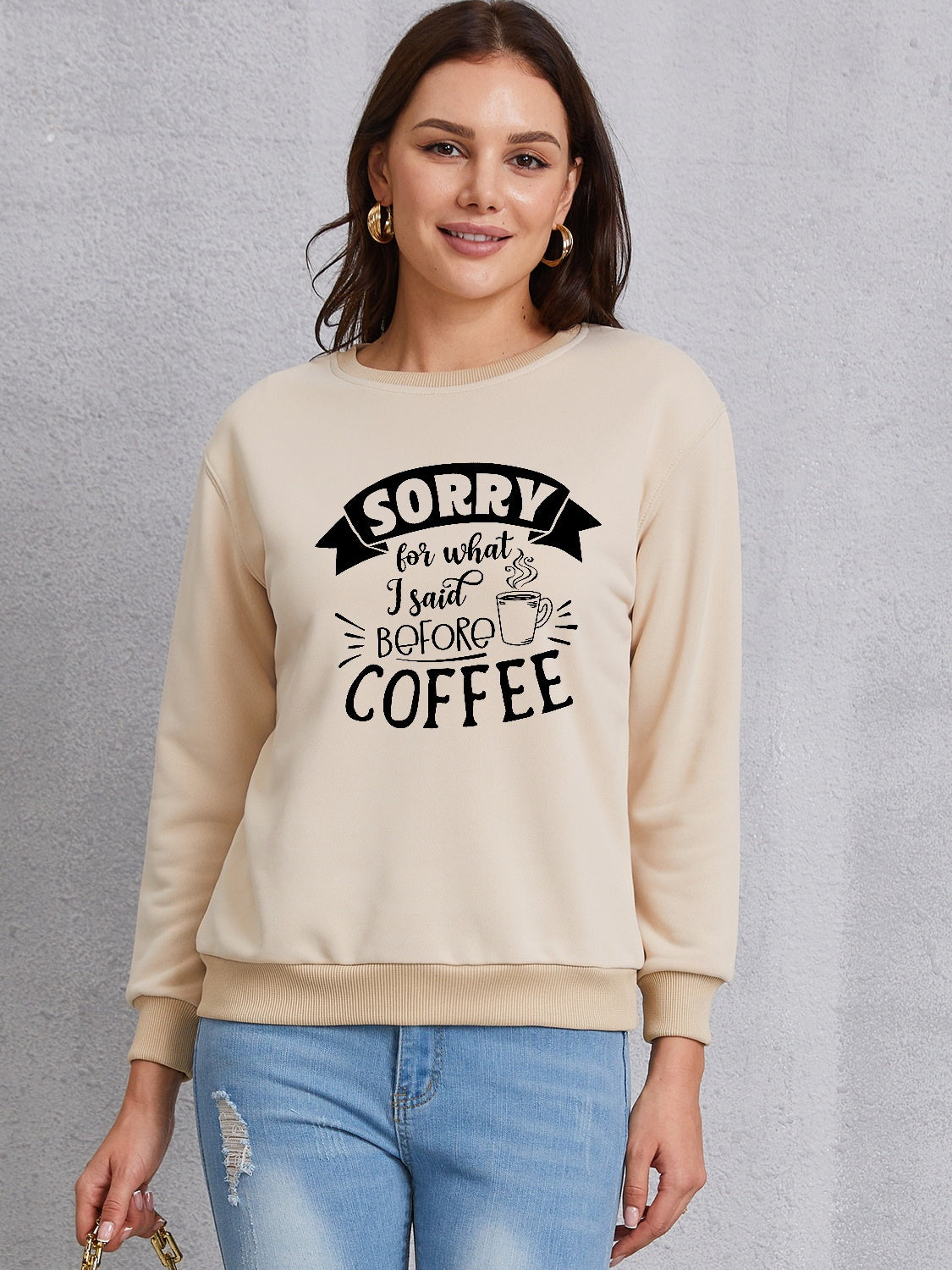 Letter Graphic Round Neck Sweatshirt-Jewearrings